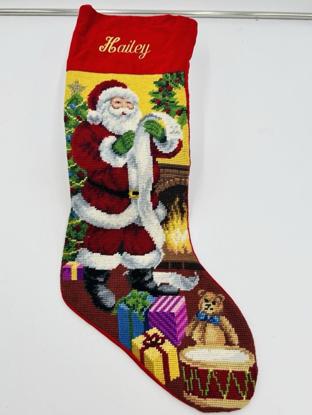 VTG Lillian Vernon Needlepoint Christmas Stocking Santa Gifts W/ Name “Hailey”